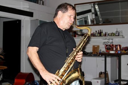 Jeff Zavac on sax at The Franchise studio in Lemon City, Miami